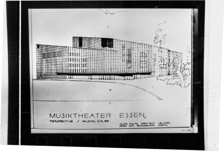Aalto-Musiktheater, Essen Perspektive, Fotokopie, 9 × 12,5 cm, Alvar Aalto, 1974 Bestand Harald Deilmann im Baukunstarchiv NRW