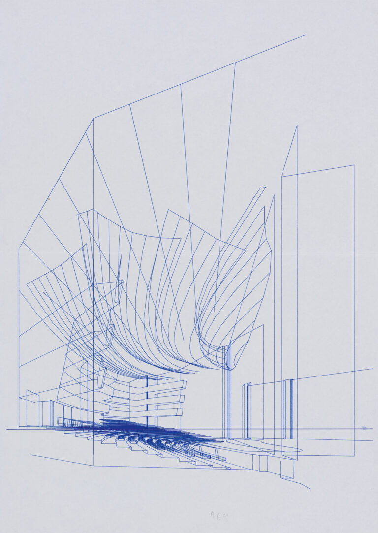Aalto-Musiktheater, Essen. Skizze, CAD, 42 × 30 cm, Harald Deilmann, ohne Datum. Bestand Harald Deilmann im Baukunstarchiv NRW