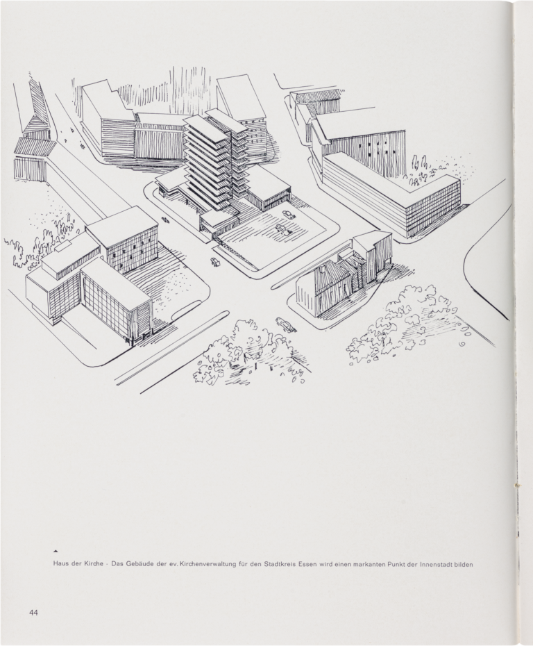 Buch »Essen. Soziale Gross-Stadt von morgen« (1962), 29 × 22,3 cm, Abbildung mit Haus der Kirche,
Bibliothek des Baukunstarchivs NRW